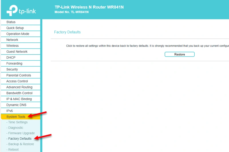 Factory Defaults section in TP-Link TL-WR841N web interface