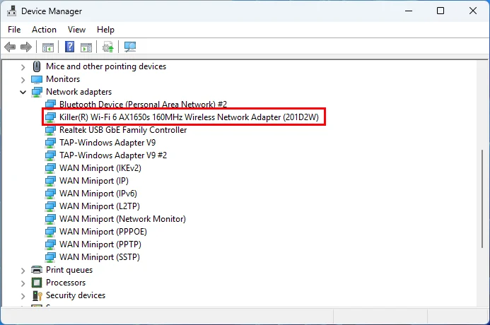 Reinstalling the network adapter after uninstallation