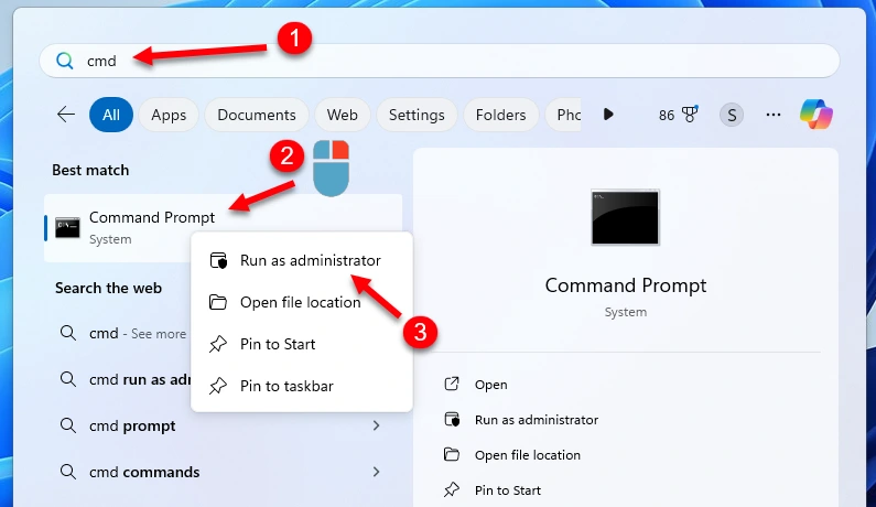 Search and run the command line as administrator in Windows 11