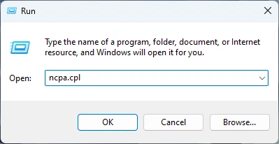 Open the Network Connections window using the ncpa.cpl command