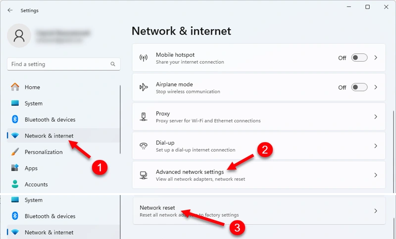 Open the Network reset section in Windows 11 settings