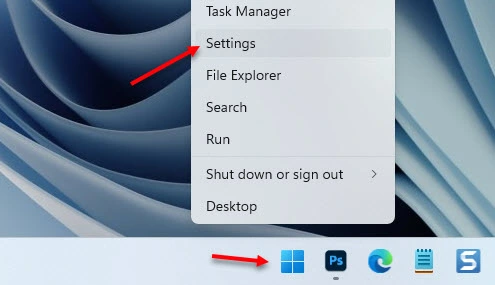 Opening settings in Windows 11 via the Start menu