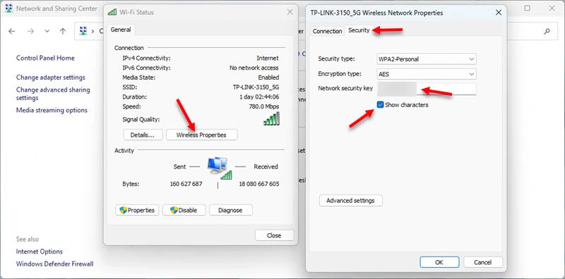 Password in Wi-Fi network properties in Windows 11