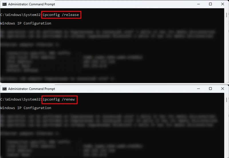Running commands to update the IP configuration in Windows 11