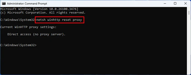 Reset proxy settings in Windows 11 via command line