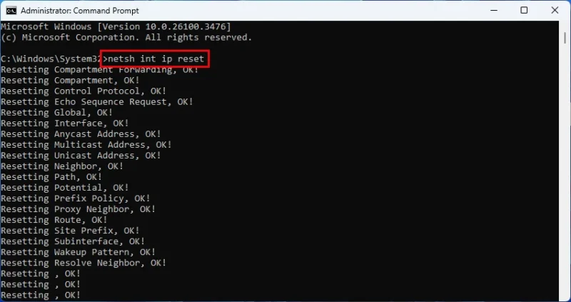 Running the command to reset TCP/IP in Windows 11