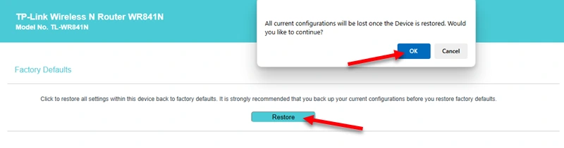 Start factory reset from the web interface