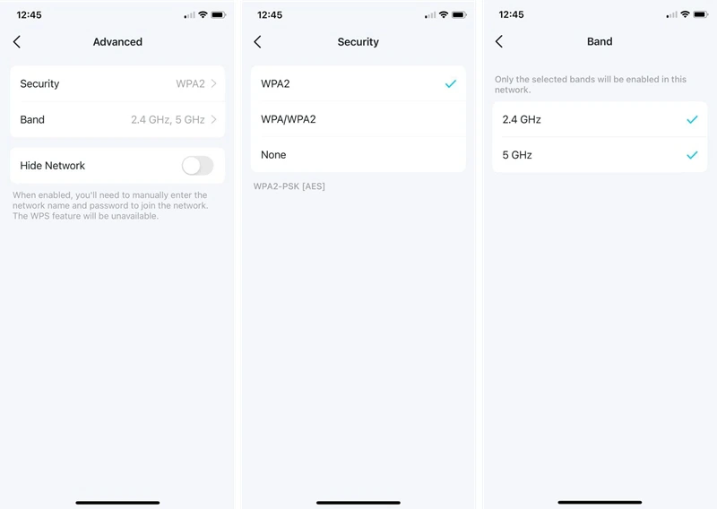 Settings for Wi-Fi network security type, range and hide network function on TP-Link Deco