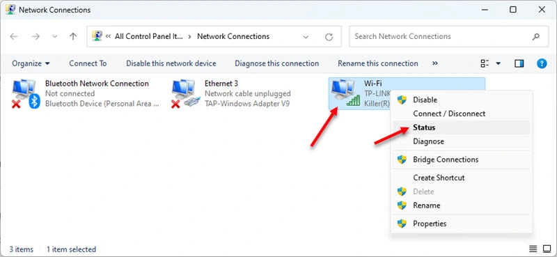 Open the status of the Wi-Fi adapter