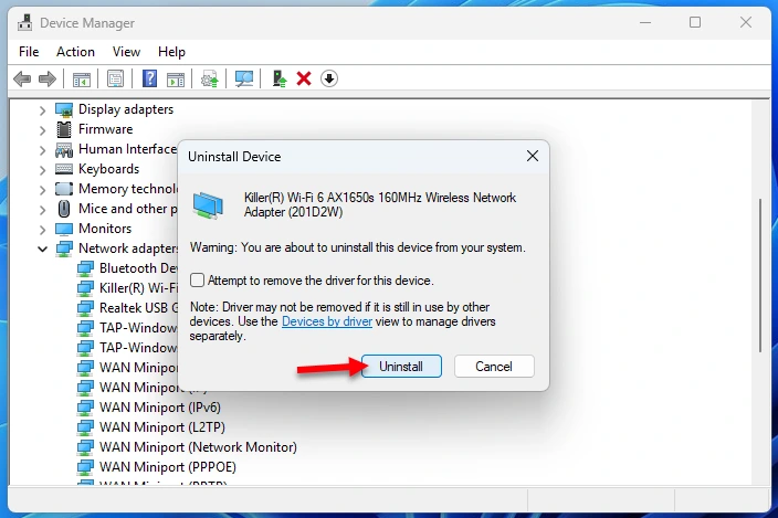 Uninstalling the Wi-Fi adapter in Windows 11 Device Manager