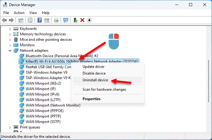 Uninstalling and reinstalling the network adapter in Windows 11/10