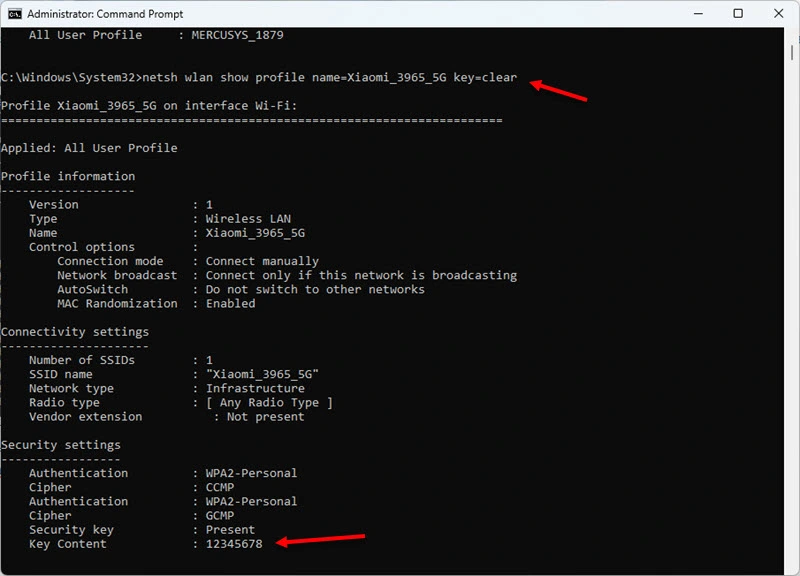 Смотрим пароль Wi-Fi сети в Command Prompt Windows 11