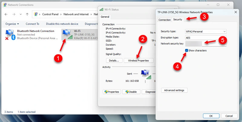 View the password for the current Wi-Fi network in Windows 11 settings