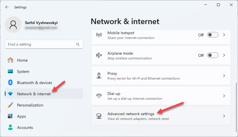 Advanced Network Settings in Windows 11