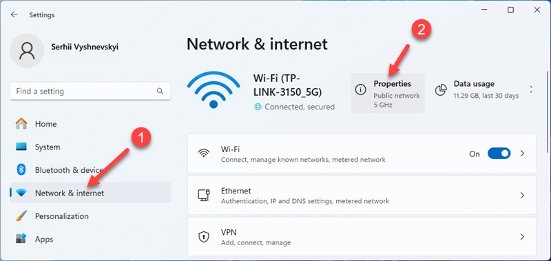 Active connection properties in Windows 11