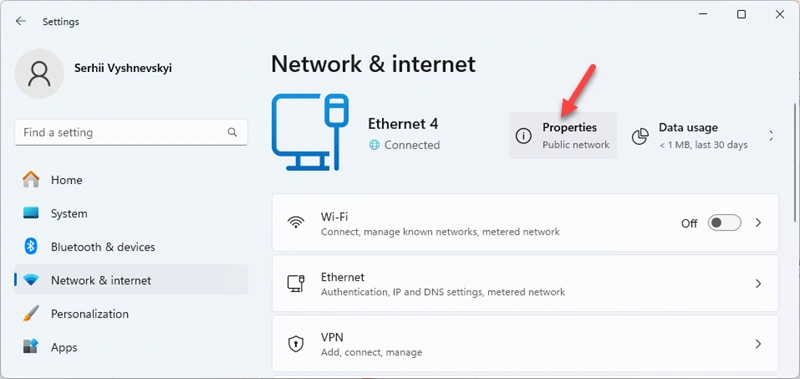 Open Ethernet connection properties in Windows 11