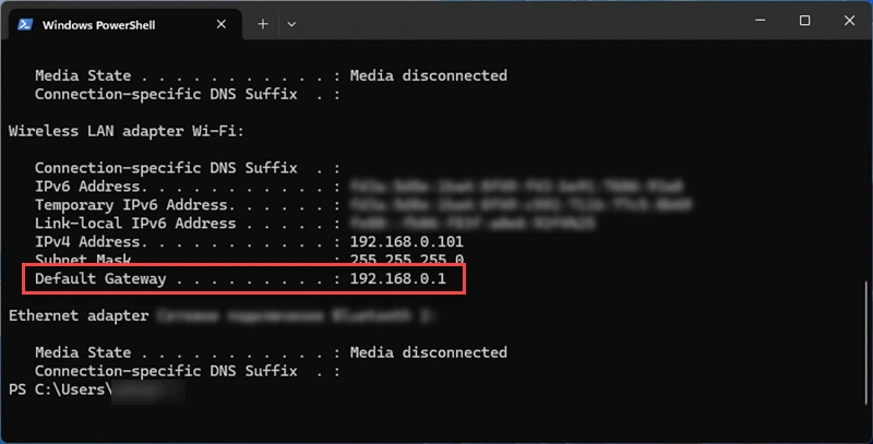 Router's IP address in Command Prompt on Windows 11