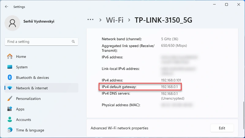 Router's IP address (IPv4 default gateway) in Wi-Fi or Ethernet connection properties in Windows 11