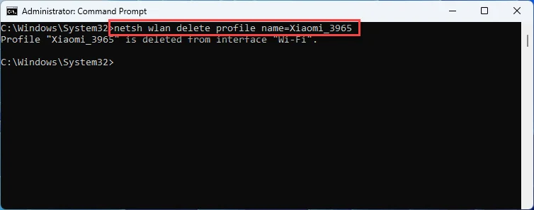 Running a command to delete a Wi-Fi network profile in Windows 11