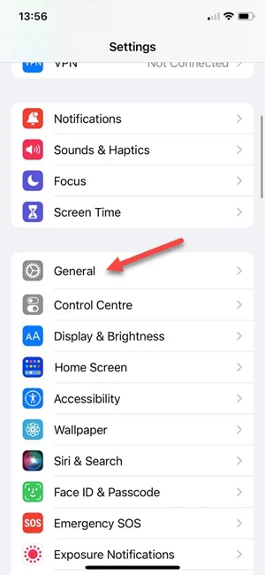 iPhone General settings screen