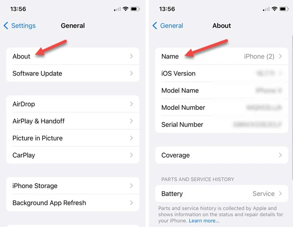 iPhone name settings screen