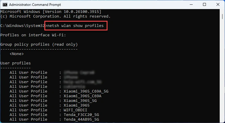 List of Known Wi-Fi Networks in Windows 11 Command Prompt