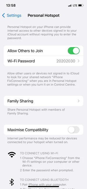 Turning on Personal Hotspot on iPhone after changing the name