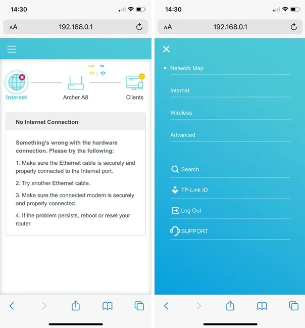 Router Web Interface in iPhone Browser