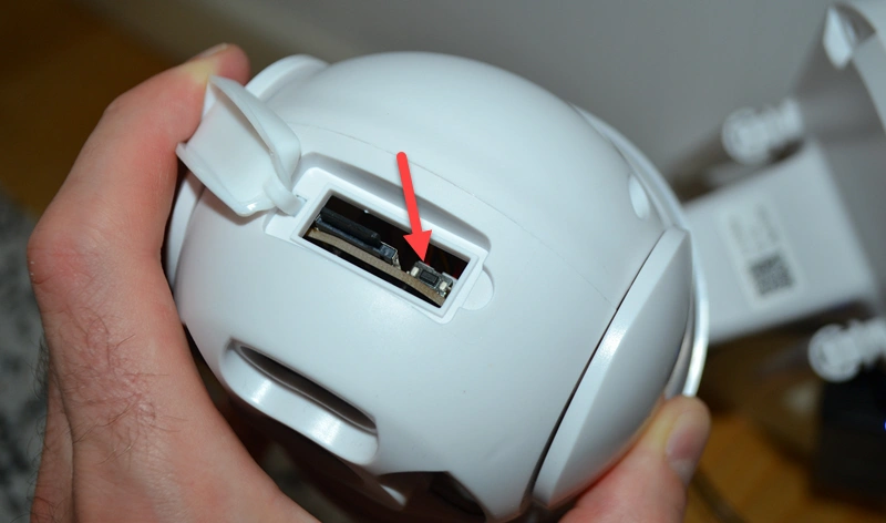 Location of the reset button on the V380 Pro camera